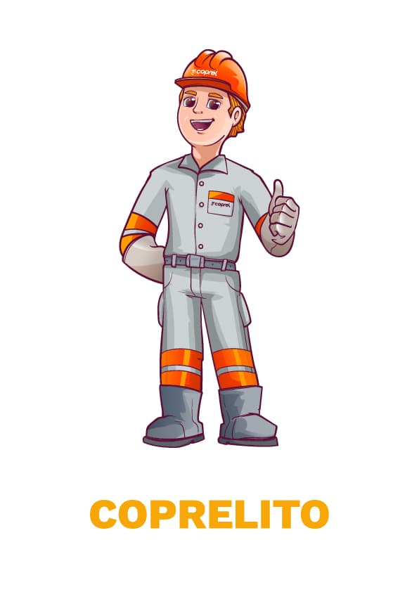 Coprelito é o mascote da Coprel que usa um uniforme semelhante aos eletrecistas da cooperativa.