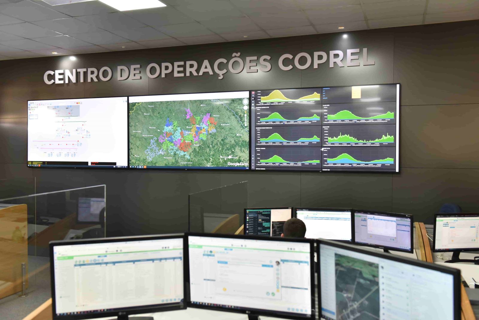 Centro de Operações da Coprel, com múltiplas telas de acompanhamento das operações de geração e distribuição de energia elétrica da Coprel